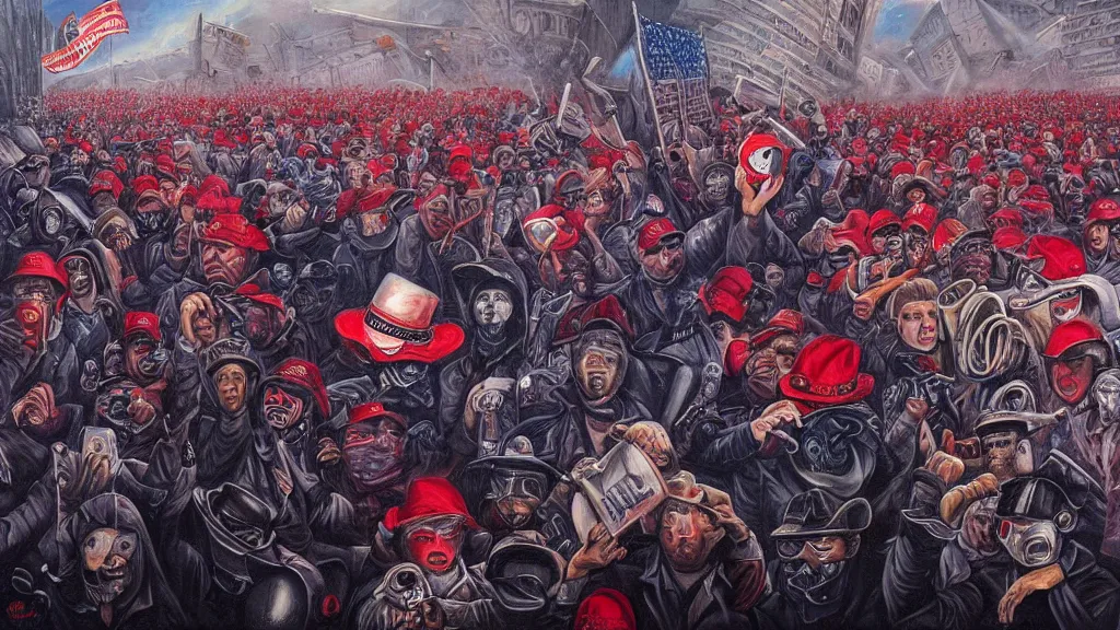 Image similar to a surreal painting by “ chris mars ” of a closeup view of the january 6 capitol riot led by “ donald trump ”. rioters are furious and are wearing red maga hats. highly - detailed contemporary artwork.