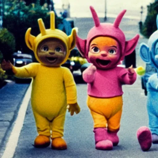 Prompt: The Teletubbies in a Los Angeles street gang, showing gang signs, photograph