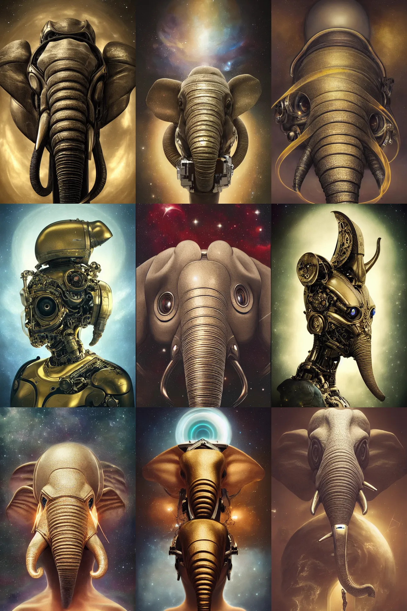 Prompt: a beautiful ultradetailed fine art photo of a futuristic cybernetic cyborg elephant head against galactic space, by tom bagshaw and natalie shau, portrait, 3 5 mm lens, golden ratio composition, detailed face, studio photography, very detailed, deep depth of field, humanoids, industrial robotic cats, artstation, 8 k, highly coherent