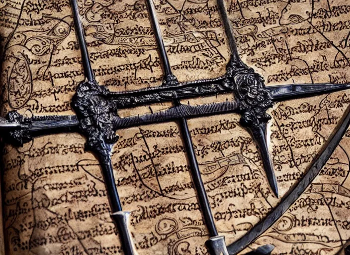 Prompt: close up of sword inlaid with a medieval map