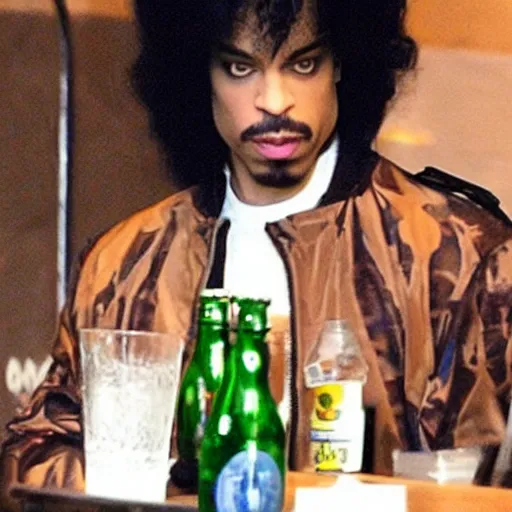 Image similar to photo of Prince drinking a 40 outside the 5 and dime