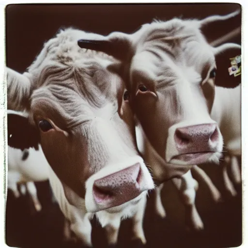 Image similar to a cow with 2 heads, unsettling, found footage style, polaroid, kodak film