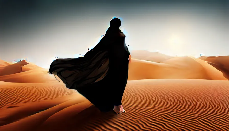 Prompt: arab woman in niqab floating mid - air in the desert, light, shadows, rippling reflections, steam, epic composition, intricate, elegant, volumetric lighting, digital painting, highly detailed, artstation, sharp focus, illustration, concept art, ruan jia, steve mccurry