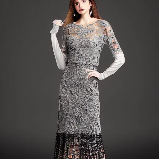Image similar to fantastically beautiful long knitted large knitted evening dress. light colors. on top of the intricate black ornament openwork. and colored beads. asymmetrical. detailed. a masterpiece.
