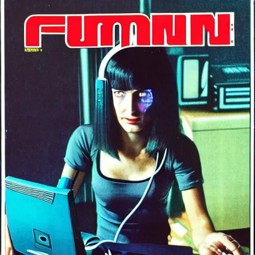 Image similar to cable plugged in, back of head, cyberpunk woman, computer, 1 9 7 9 omni magazine cover