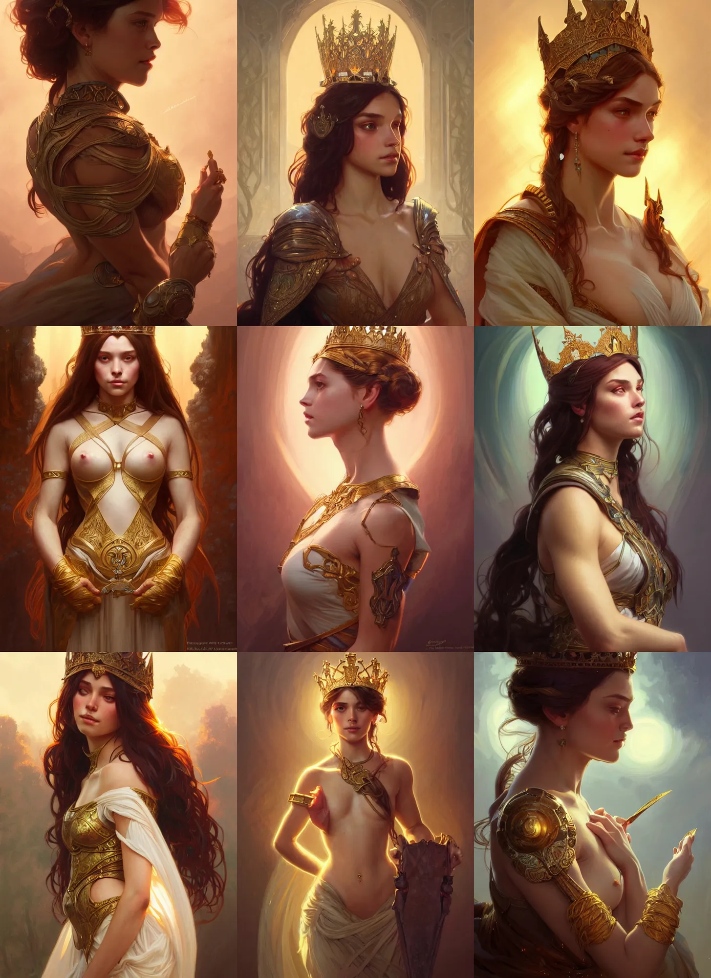 Prompt: portrait of a young beautiful Queen, upper body, attractive body, D&D, fantasy, intricate, cinematic lighting, highly detailed, digital painting, artstation, concept art, smooth, sharp focus, illustration, art by Artgerm and Greg Rutkowski and Alphonse Mucha