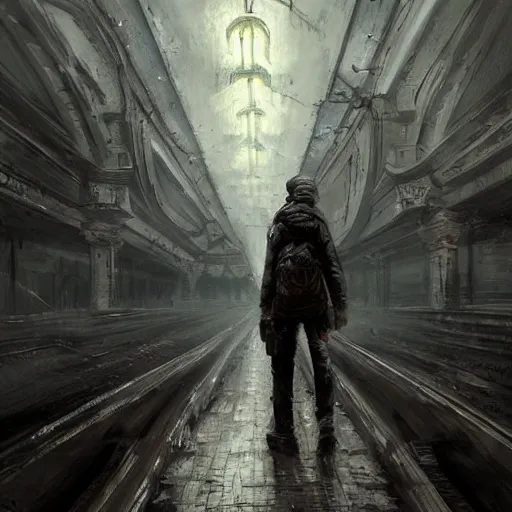 Prompt: a scavenger walking on the surface of moscow, metro 2 0 3 3, smooth, dreary, beautifully detailed, concept art, by sabbas apterus