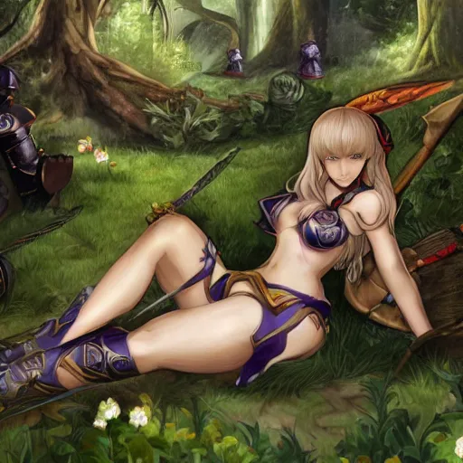 Prompt: a female knight resting in a glade, vanillaware artwork