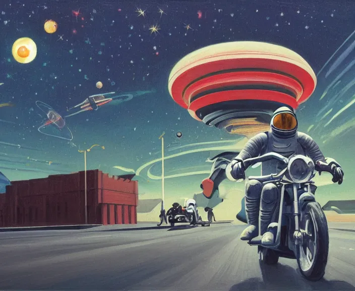 Prompt: a very detailed painting of a astronaut wearing a suit, riding a motorbike down a street on the moon, galaxy sky, there are planets in the sky, cinematic lighting, futuristic city, harley davidson motorbike, worm's - eye view, very fine brush strokes, very aesthetic, very futuristic, in the style of edward hopper and grant wood and syd mead, 4 k,