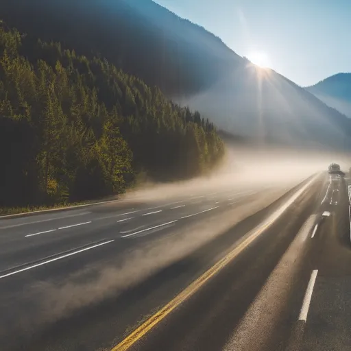 Image similar to bus on misty highway scene, the sun shining through the mountains