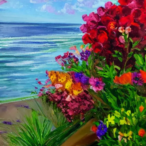 Prompt: flowers by the sea