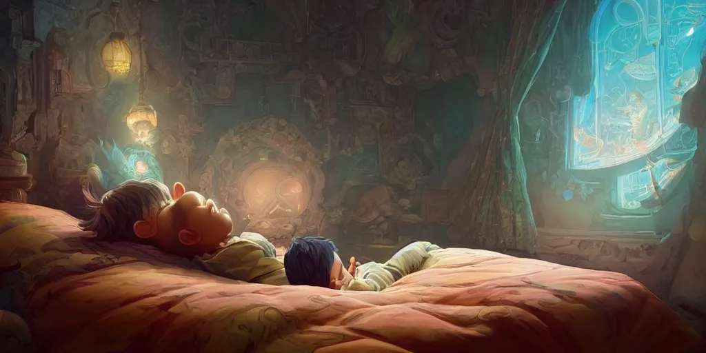 Prompt: a beautiful illustration of a little cute boy in his bed dreaming about a beautiful, fantasy, intricate, epic lighting, cinematic composition, hyper realistic, 8 k resolution, unreal engine 5, by artgerm, tooth wu, dan mumford, beeple, wlop, rossdraws, james jean, marc simonetti, artstation