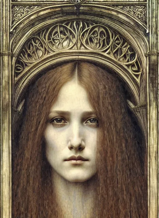 Image similar to detailed realistic beautiful young medieval queen face portrait by jean delville, gustave dore and marco mazzoni, art nouveau, symbolist, visionary, gothic, pre - raphaelite. horizontal symmetry