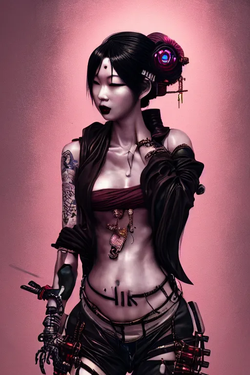 Image similar to soft lustrous ebony asian geisha goddess yakuza biotech raver gutter punk gothic cyborg, cyberpunk city, urban decay, decay, underworld, dark art, highly detailed, digital painting, octane render, artstation, concept art, smooth, sharp focus, illustration, art by artgerm, loish, wlop