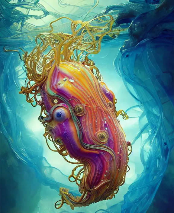 Image similar to intricate colorful transparent portrait of a terrifying beautiful alien sea slug creature, mottled coloring, adorable, childlike, biopunk environment, ultra realistic, concept art, art nouveau, photorealistic, octane render, 8 k, unreal engine. art by christopher marley and artgerm and greg rutkowski and alphonse mucha