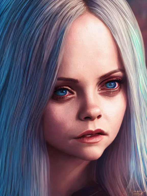 Image similar to portrait art of Christina Ricci, elf ears, 8k ultra realistic , lens flare, atmosphere, glow, detailed,intricate, full of colour, cinematic lighting, trending on artstation, 4k, hyperrealistic, focused, extreme details,unreal engine 5, cinematic, masterpiece