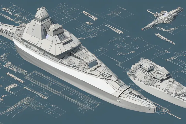 Image similar to axonometric schematics of a futuristic warship, highly detailed, intricate