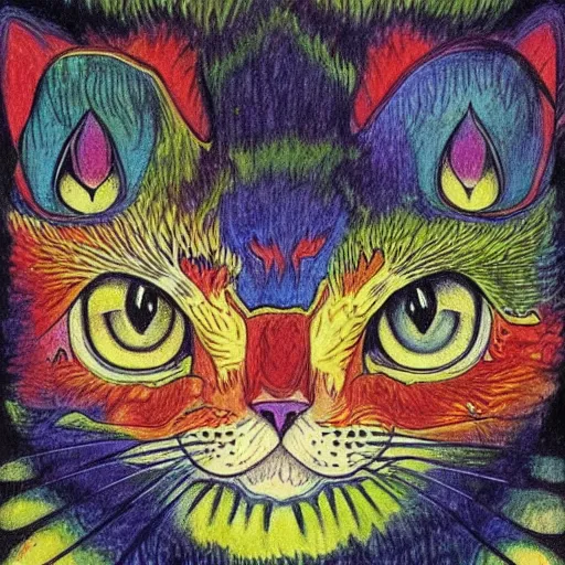 Prompt: intense colored illustration of a cat by louis wain