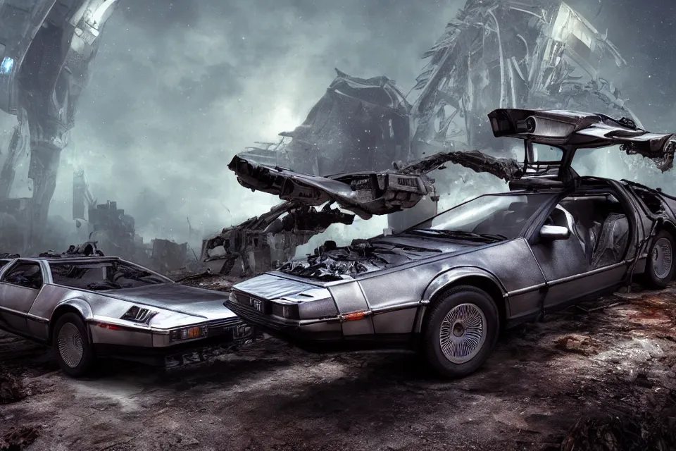 Image similar to delorean dmc 5 next to ancient space ship wreck horror, dark cinematic, volumetric, realistic, 3 d render, realistic render, cinematic lighting, volumetric lighting, atmospheric, cinematic, unreal engine, unreal engine render, octane render, hd, photorealism, hyper realistic, photo, 8 k