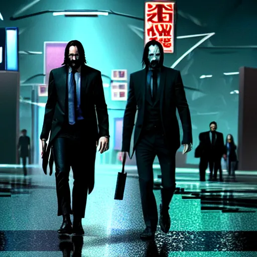 Image similar to keanu reeves as john wick, cyberpunk, walking the streets of night city in the rain, highly detailed, intricate, photorealistic, cinematic lighting