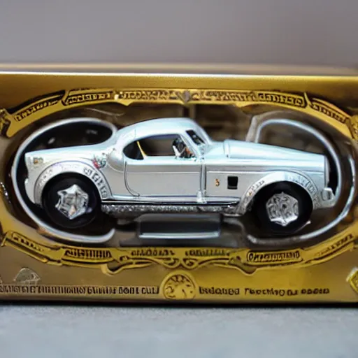 Prompt: 3 5 mm photo of metallic white steampunk shelby like hot wheels model, gold city background