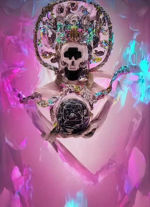 Image similar to photo of fullbodied baroque and bladerunner delicate neon diamond sculpture of seductive onyx albino marble prince kai harvatz dotado pink iridescent skull psychedelic, reclining, glowing magenta face, crown of white diamonds, cinematic lighting, photorealistic, octane render 8 k depth of field 3 d