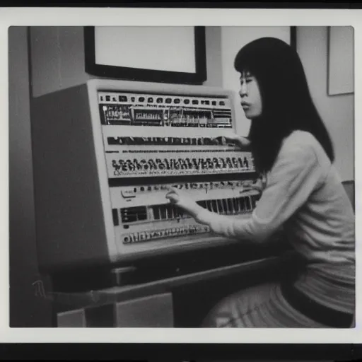 Image similar to 1 9 7 0 s polaroid of a female japanese musician playing a vintage modular synthesizer, hazy, faded