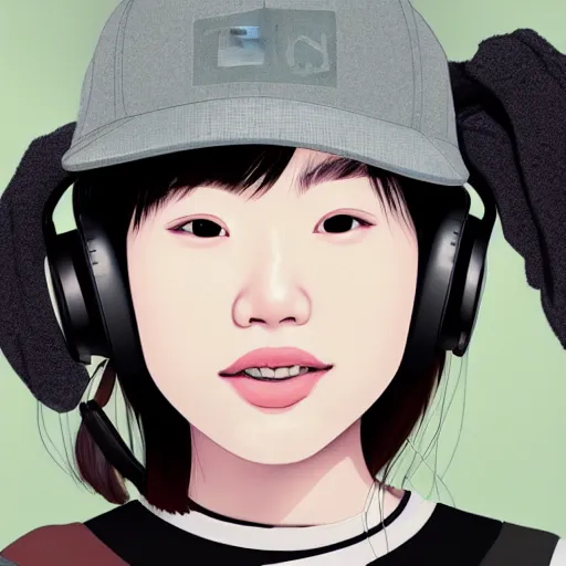 Image similar to wonderful young japanese girl with a mixer playing music, with headphones in her ears, with a sweatshirt with a cap with techno letters, with a vinyl in her hand, in a dark industrial park, realistic mouth, high definition, detailed and symmetrical face, detailed and realistic hands, expressive eyes, 4 k, bright color, epic digital art