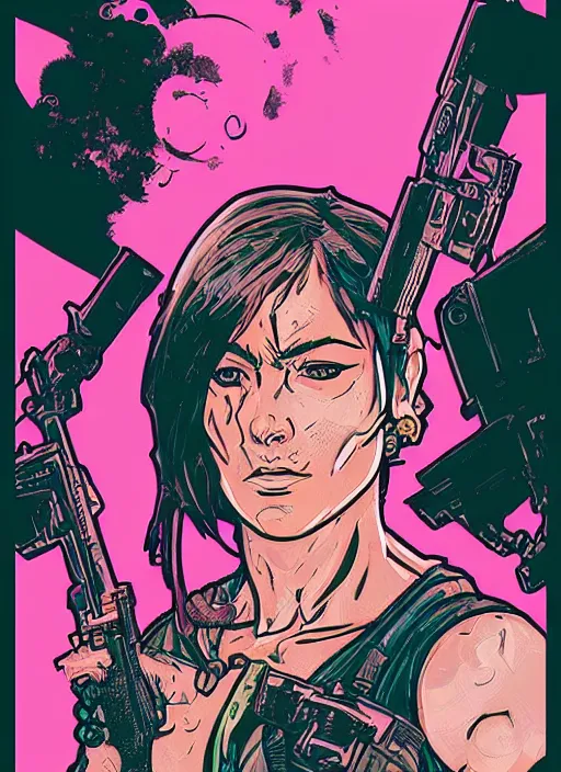 Image similar to maria. buff cyberpunk mercenary. portrait illustration, pop art, splash painting, art by ashley wood, alphonse mucha, laurie greasley and josan gonzales