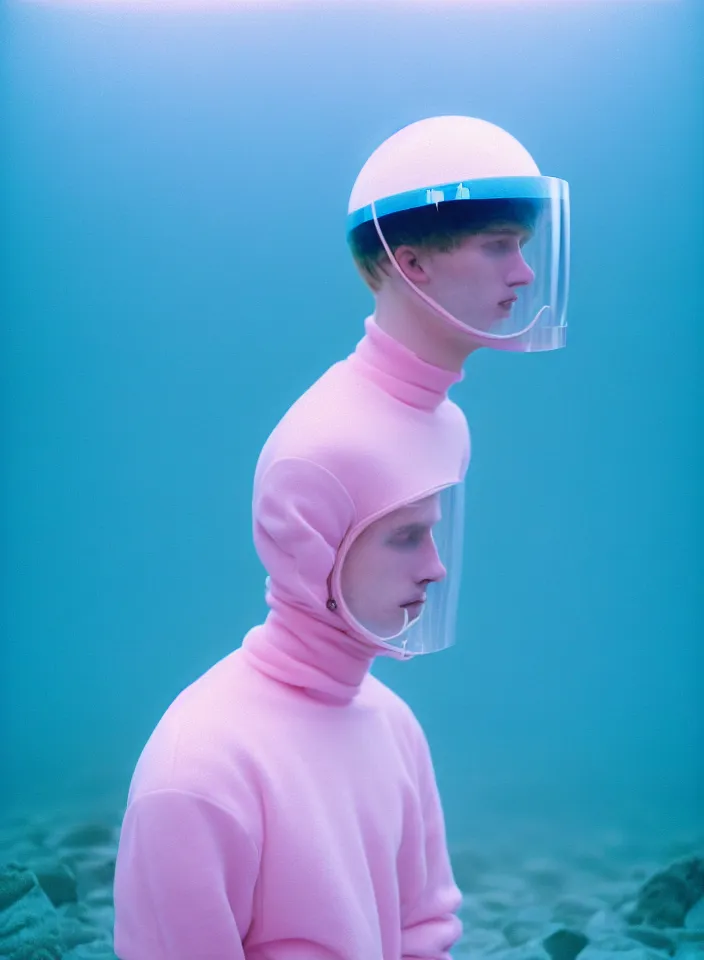 Image similar to high quality pastel coloured film portrait photograph of a beautiful young 2 0 year old male, soft features, short hair, wearing perspex space mask visor and oversized inflated clothing!!!! icelandic black rock pool environment. atmospheric three point light. photographic. art directed. ( pastel colours ). volumetric. clearcoat. waves. 8 k. filmic.