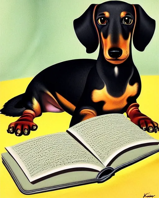 Prompt: dachshund reading a book, painting, super detailed and intricate, hyper realistic, by koson ohara, by darwyn cooke, by hiroshi yoshida, by kentaro miura