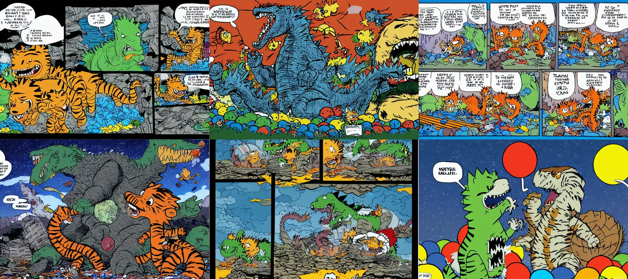 Prompt: calvin and hobbes fighting godzilla in a ballpit, high resolution, 4k, print