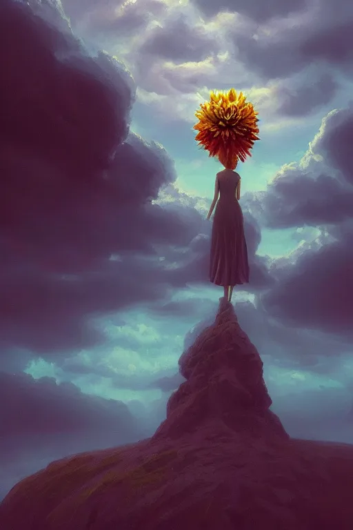 Image similar to closeup giant dahlia flower as head, girl standing on mountain, surreal photography, blue storm clouds, dramatic light, impressionist painting, digital painting, artstation, simon stalenhag