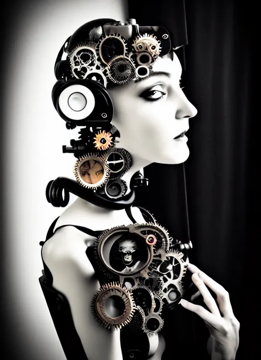 Image similar to black and white dreamy foggy profile face portrait, one steampunk eye biomechanical beautiful young female cyborg - robot, body ribs meshes, big monocular, volumetric light, hibiscus flowers, by hg giger, rim light, by dora maar and cecile beaton, big gothic fashion pearl embroidered collar, 8 k