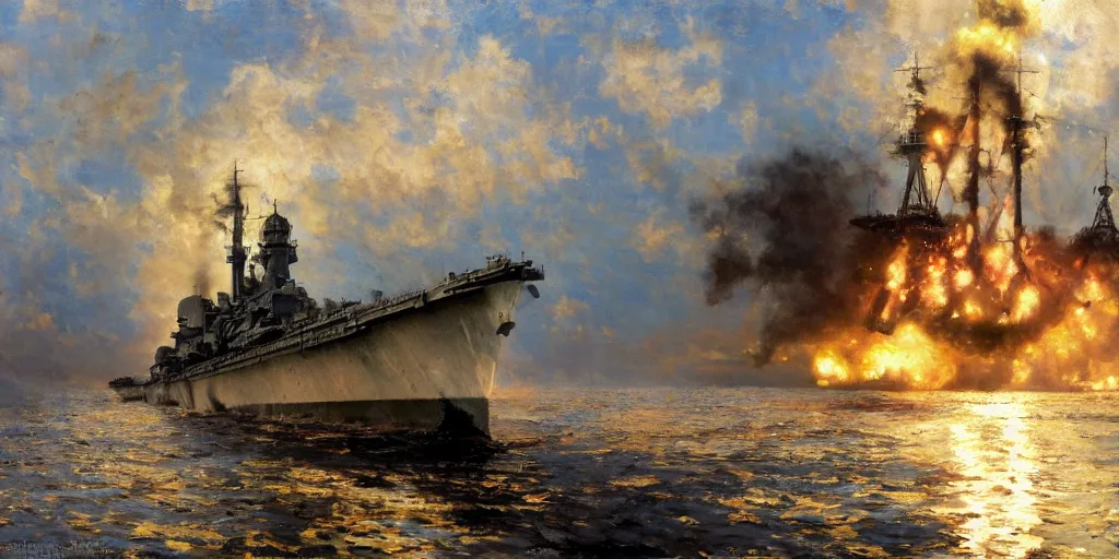 Prompt: detailed cinematic wide shot of world war 2 battleship, ultra realistic, spring light, painting by gaston bussiere, craig mullins, j. c. leyendecker.