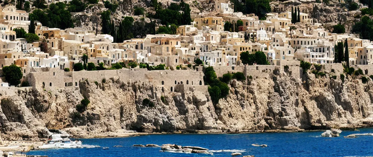 Prompt: ancient mediterranean city, white cliff