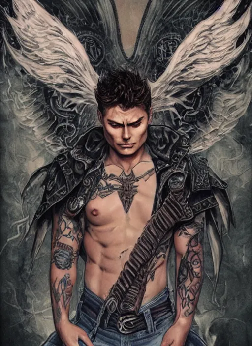 Prompt: Dean Winchester as an angel with religious tattoos on chest and neck, with glowing runes on the body, grimdark book cover style, D&D dark fantasy style, sharp focus, ultra detailed, art by Artgerm and Peter Andrew Jones, Ayami Kojima, Amano and Olivier Ledroit