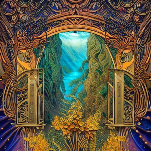 Prompt: small 🌅 the ancient gods ornate amazon rain forest trompe l'oeil, pastiche by Dan Mumford, pastiche by Michael Whelan, Precise and Intricate Linework, Art Nouveau Cosmic 4k spray painted graffiti featured on 500px ,CGSociety, Ecru and Goldenrod color scheme