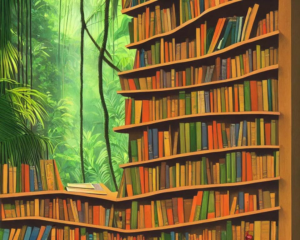 Image similar to one small bookshelf in the rainforest, featuring legal books, by hopper. hyperdetailed, proportional, romantic, enchanting, achingly beautiful, graphic print, trending on artstation, jungle, tropical, foliage