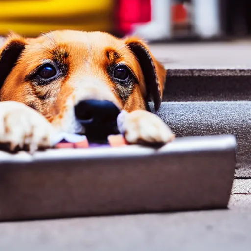 Image similar to macro image of a super cute dog puppy that is eating a cheeseburger