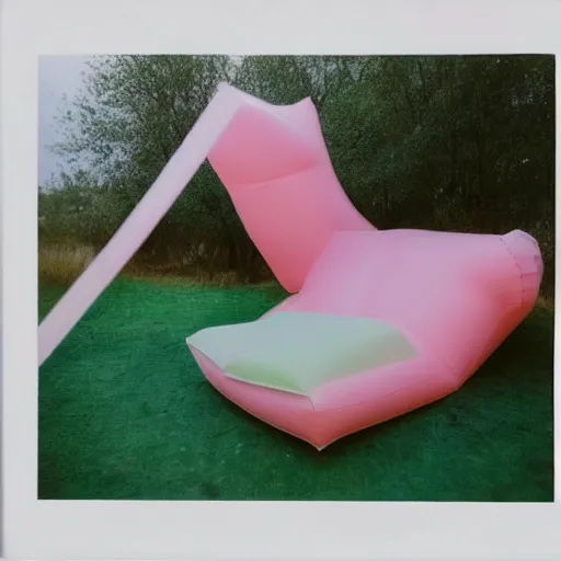 Image similar to a pastel colour high fidelity Polaroid art photo from a holiday album at a pink desert with abstract inflatable parachute furniture, all objects made of transparent iridescent Perspex and metallic silver, no people, iridescence, nostalgic