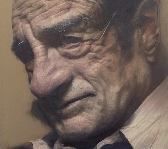 Prompt: a hyper-detailed photograph of Robert DeNiro by Craig Mullins; oil on canvas; trending on artstation