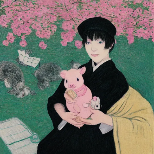 Prompt: tall emo female artist holding small portraits and piglet on a train, wearing a kimono, on yamanote line in japan, tokyo station, summer, sweat, ice coffee, pigs, octopus, acrylic on canvas, surrealist, by magritte and monet