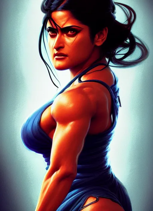 Image similar to portrait of street fighter v salma hayek, intricate, elegant, glowing lights, highly detailed, digital painting, artstation, glamor pose, concept art, smooth, sharp focus, illustration, art by artgerm and greg rutkowski, artey freytag