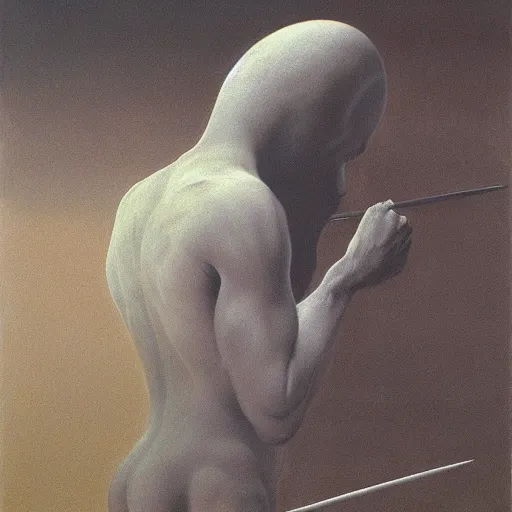 Image similar to swordsman by Zdzisław Beksiński, oil on canvas