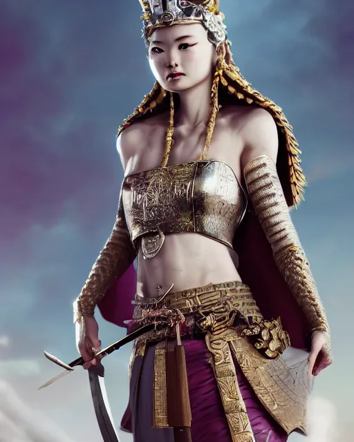 Image similar to full body portrait fashion editorial of beauty charming woman as a warrior godly princess in feudal japan making a sacrifice at the top of the Asian temple, clear makeup, clean hair, dry skin, clear skin, airbrushed, bright eye makeup, femine warrior body, photo by mario testino, 8k octane render, cinematic, hyper detailed, micro details, insanely detailed, trending on artstation, concept art, Peter Paul Rubens and Peter Mohrbacher style