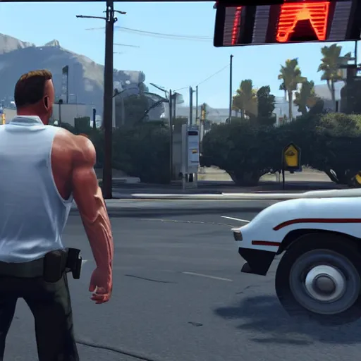 Image similar to GTA V arnold schwarzenegger screenshot stealing a cop car