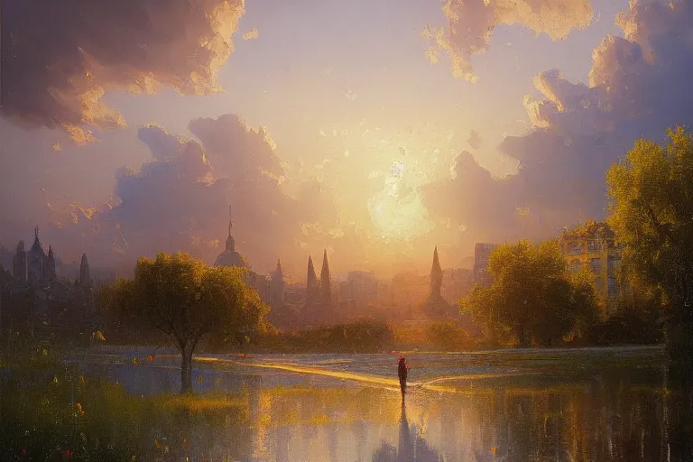 Prompt: a beautiful oil painting of bucharest with impressionist in a serene landscape above with a horizon line in the upper third by john howe and albert bierstadt and alena aenami and dan mumford and dave noton, unreal engine, trending on behance