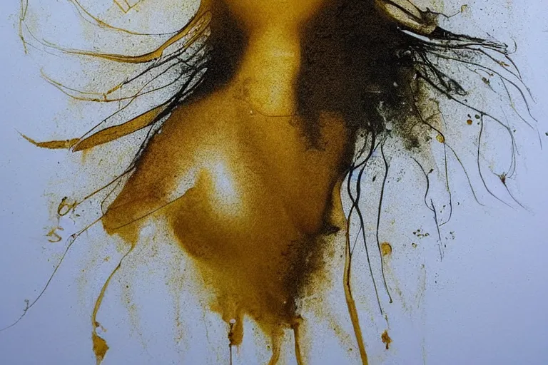 Image similar to beautiful serene swimming person, healing through motion, life, minimalistic golden and ink airbrush painting on white background