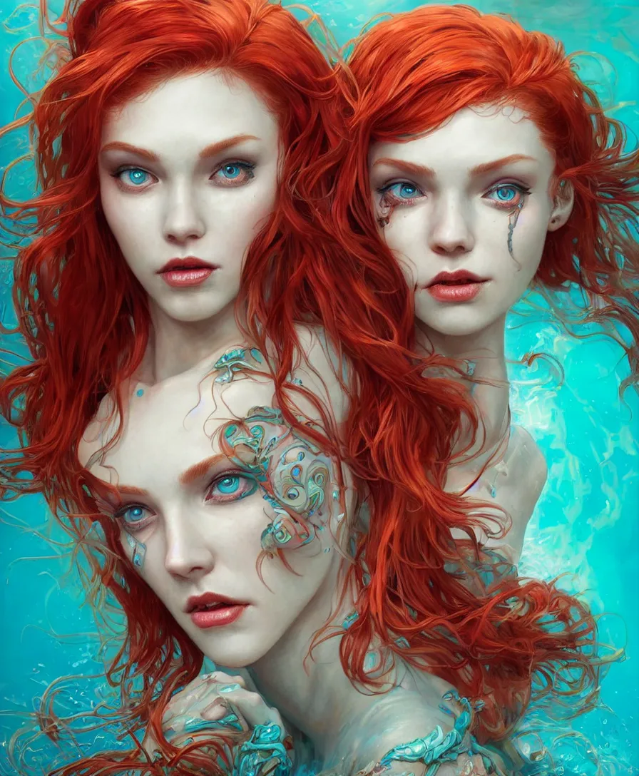 Prompt: Hyperrealistic close-up portrait of zombie mermaid young woman with red hair, alone in turquoise underwater, D&D, fantasy, intricate, elegant, highly detailed, digital painting, trending artstation, concept art, smooth, sharp focus, illustration, art by artgerm and greg rutkowski and alphonse mucha